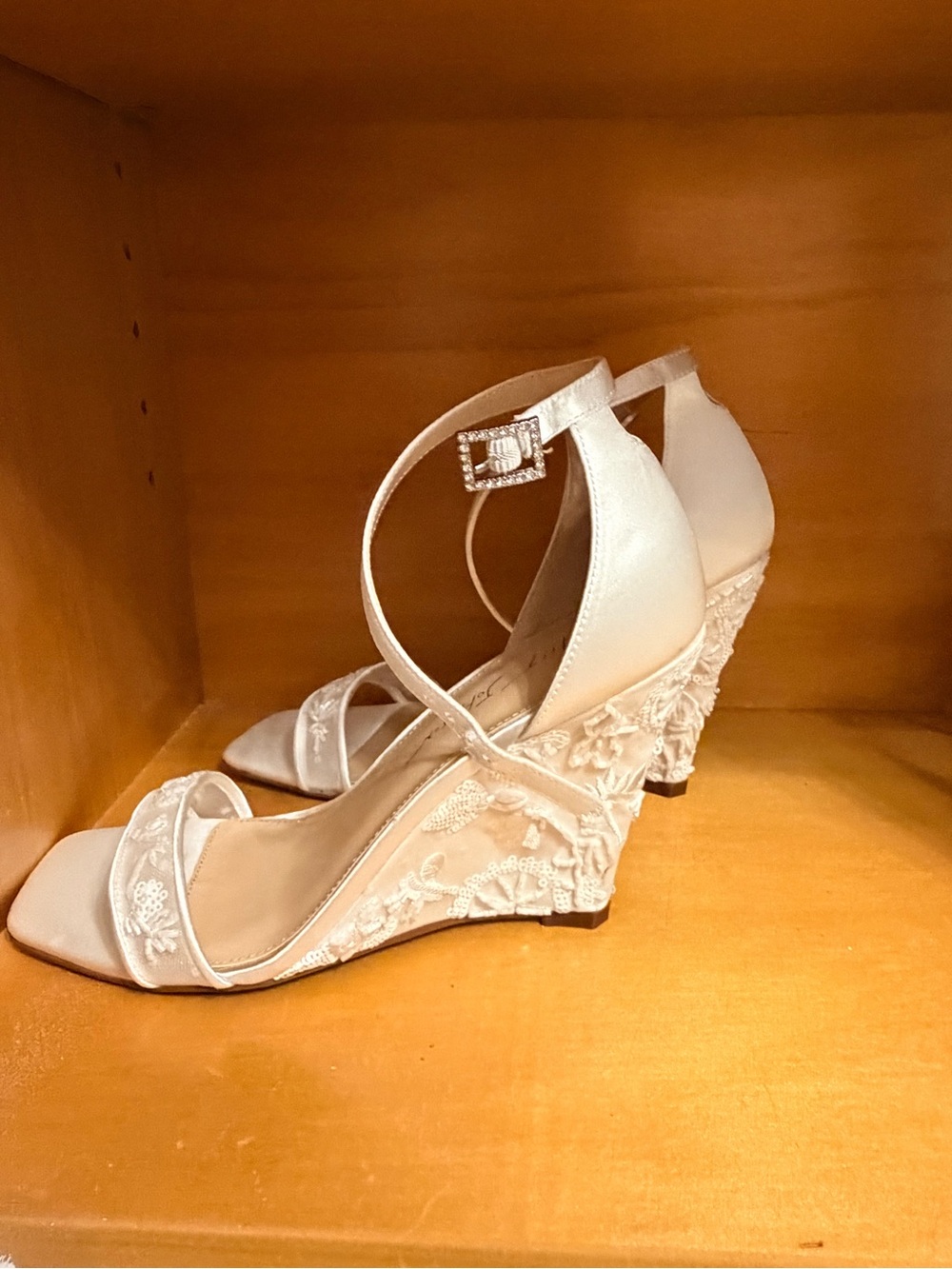 Betsey Johnson White Lace Embroidered Wedge Sandals with Ankle Strap